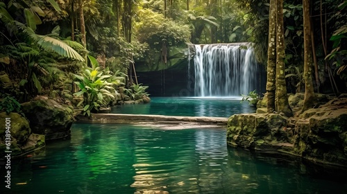 Tropical Oasis with Cascading Waterfall