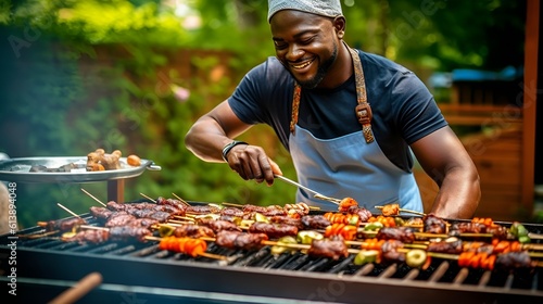 Male BBQ grill master flipping and grilling skewers at a backyard BBQ summer cookout photo