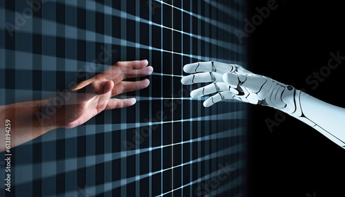 Hands of Robot and Human Touching together through computer moniter screen in dark background. Virtual Reality Augmented reality Artificial Intelligence technology digital twin driven smart concept