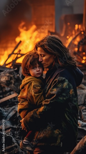 A mom hugging her son in front of there destroyed house