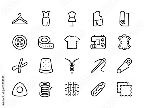 Sewing, tailoring, and fashion design related pixel perfect outline icons set vector illustration.