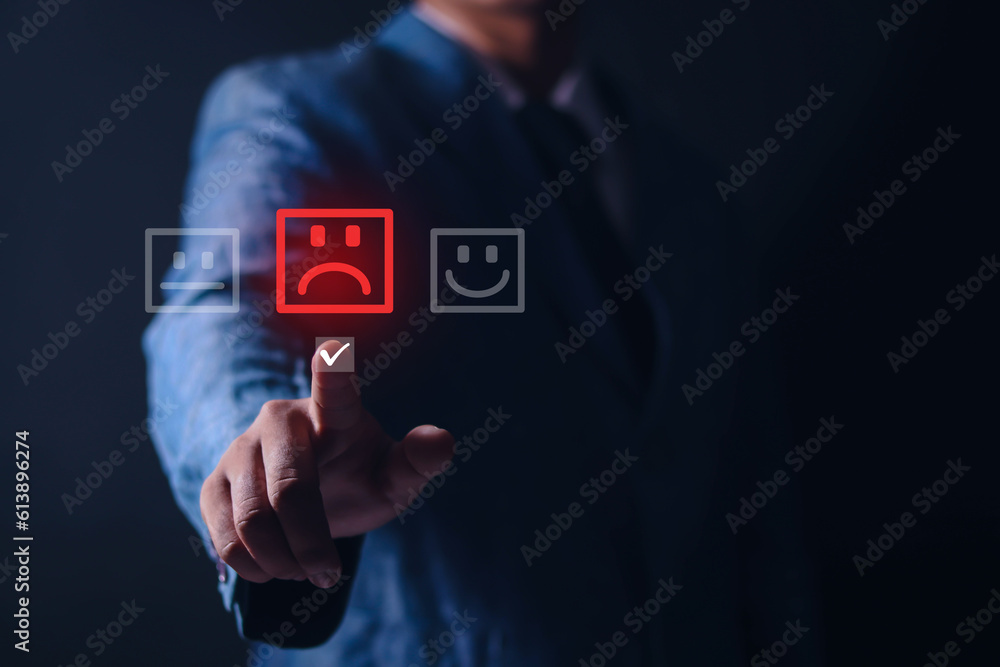 Customer dissatisfaction experience concept, unhappy business with sad face, bad review, bad service, dislike, bad quality, low rating, bad social media. Customer dissatisfaction experience concept, unhappy business with sad face, bad review, bad service, dislike, bad quality, low rating, bad social media.