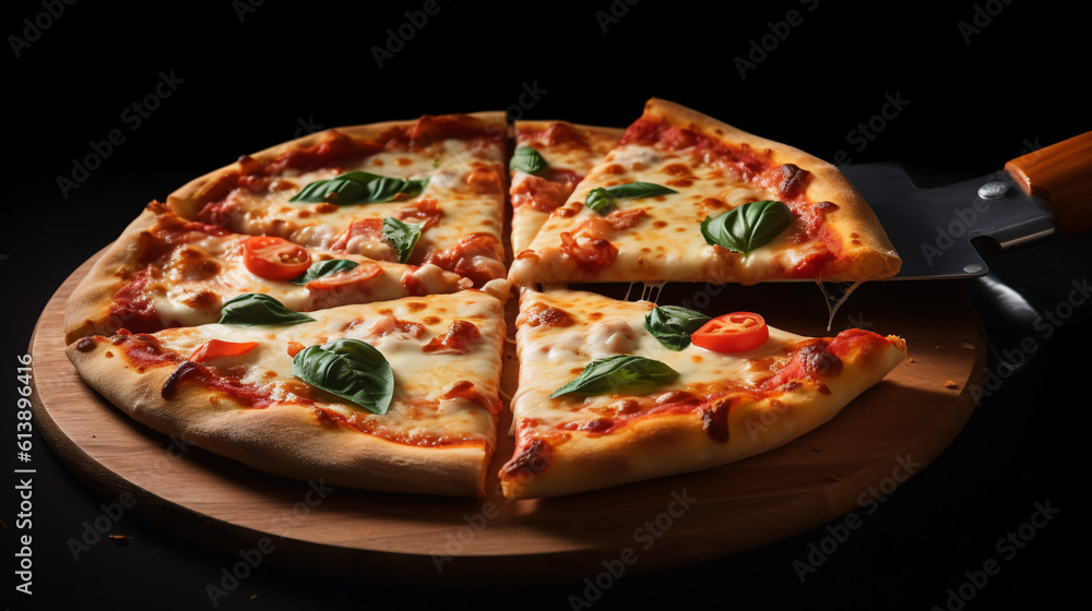 Savory Italian Pizza, Pizza Paradise, a delicious Italian pizza with a thin, crispy crust topped with fresh mozzarella, basil leaves, and juicy tomatoes, Red pepper flakes. ~ Generative AI