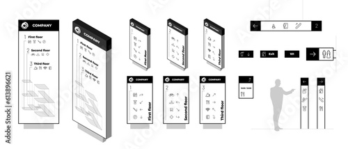 Wayfinding system signage mockup set. Exterior and interior way finding designs. Mall navigation mock up. Public place and commercial building information boards. Residential complex direction signs