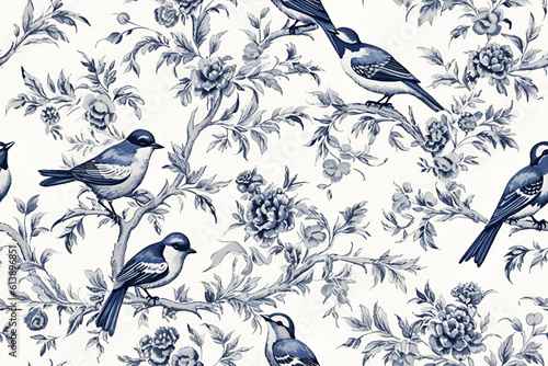 toile de jouy bird seamless pattern royal blue on white background

 photo