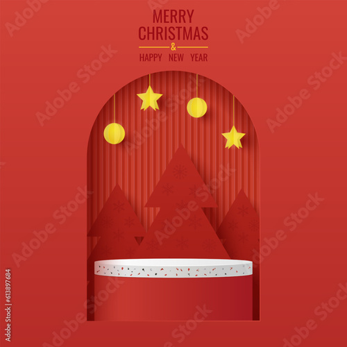 Podium platform to show product with red geometric shape on christmas tree background. Red minimal scene for product display presentation. Merry Christmas banner