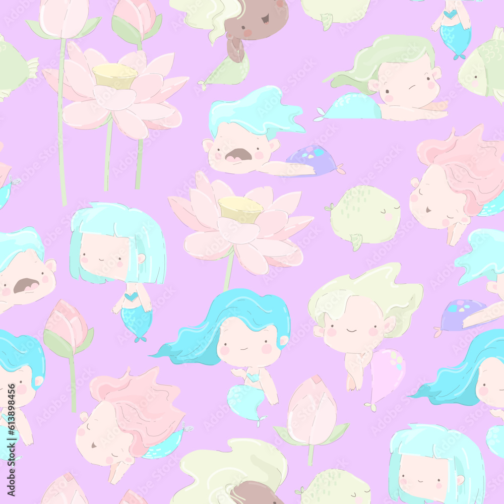 Seamless Pattern with Cute Mermaids and Funny Fish on Violet Background Seamless Pattern with Cute Mermaids and Funny Fish on Violet Background