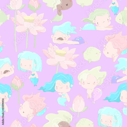 Seamless Pattern with Cute Mermaids and Funny Fish on Violet Background