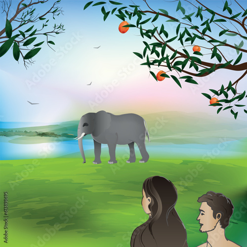 Adam and Eve stand in the garden of Eden. Illustration of first man and woman. Biblical vector illustration series. 