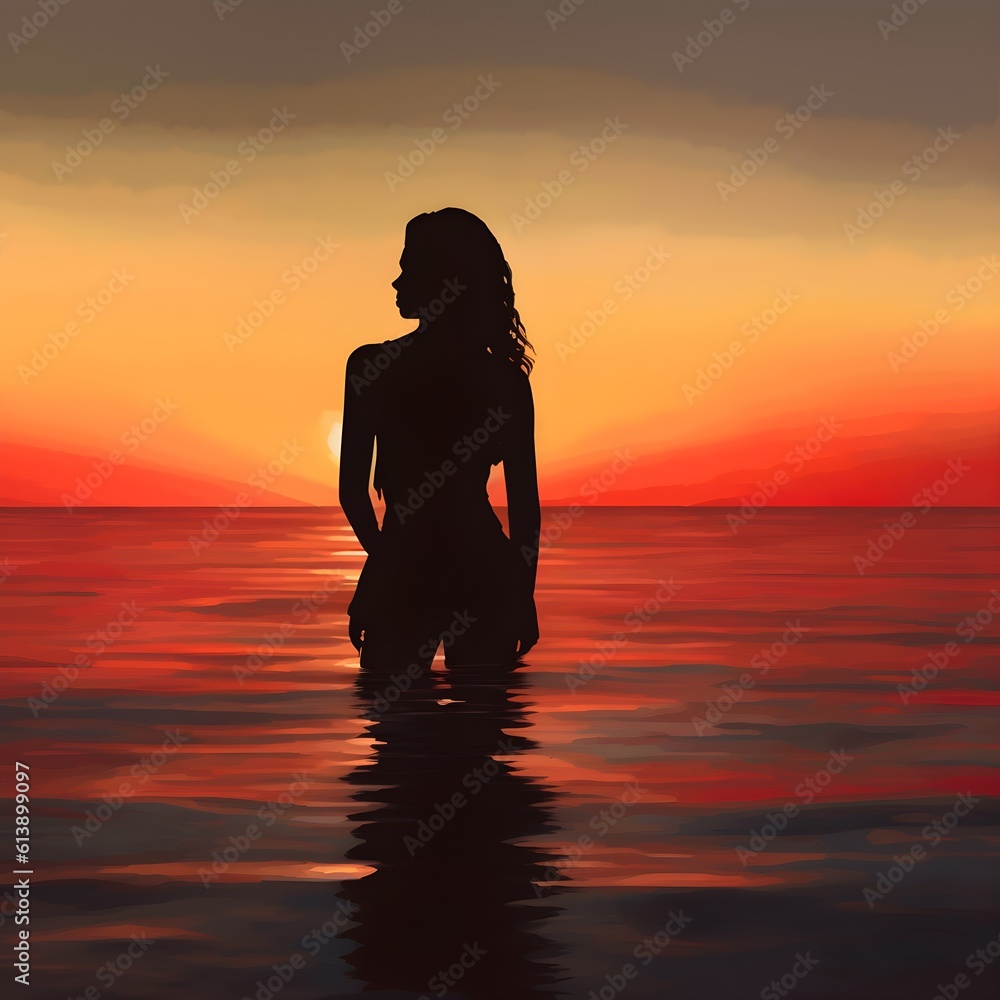 Silhouette of thin, mixed, woman gazing at calm ocean sunset
