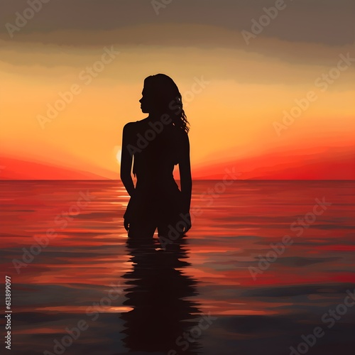 Silhouette of thin  mixed  woman gazing at calm ocean sunset 