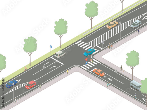アイソメトリック図法で描いた自動車と歩行者が行き交う一時停止のあるT字交差点のイメージB / Japanese T-junction. Isometric illustration