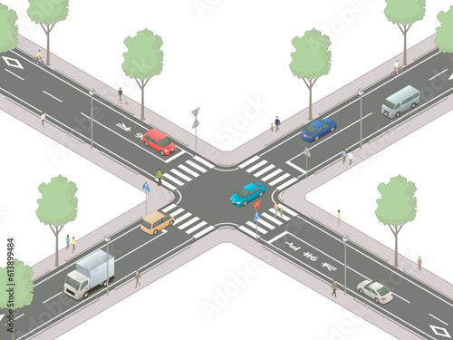 アイソメトリック図法で描いた自動車と歩行者が行き交う一時停止のある交差点のイメージA / Japanese crossroads. Isometric illustration