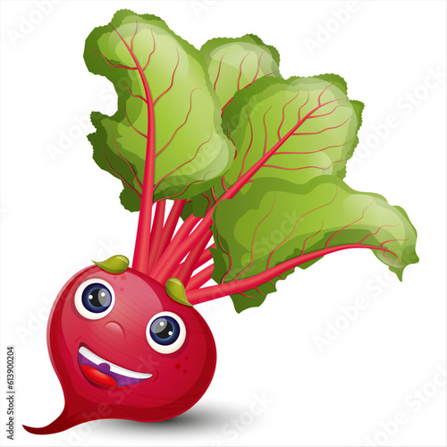 Vector beet character on white background. Cute beetroot. Funny cartoon character