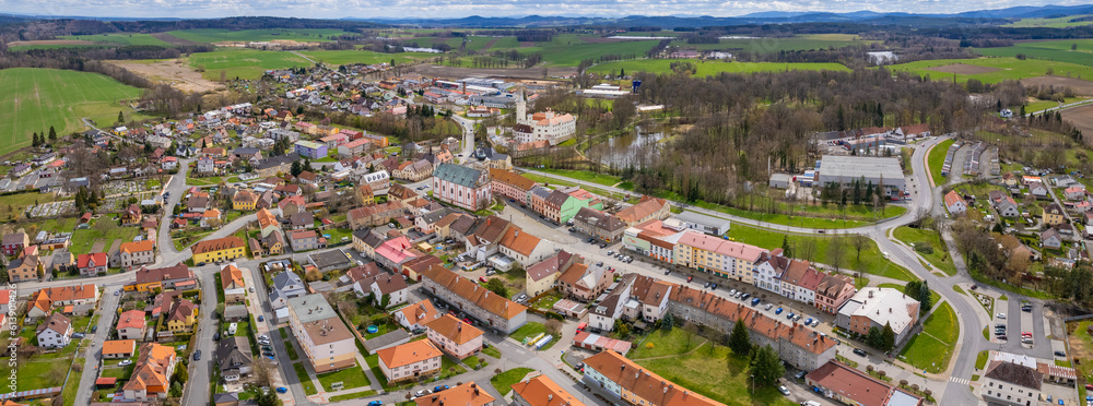 Aerial view around the old town center of the city Bor in Czechia