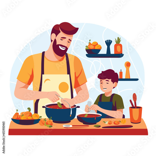 Father cooks with his son. Family. Family kitchen