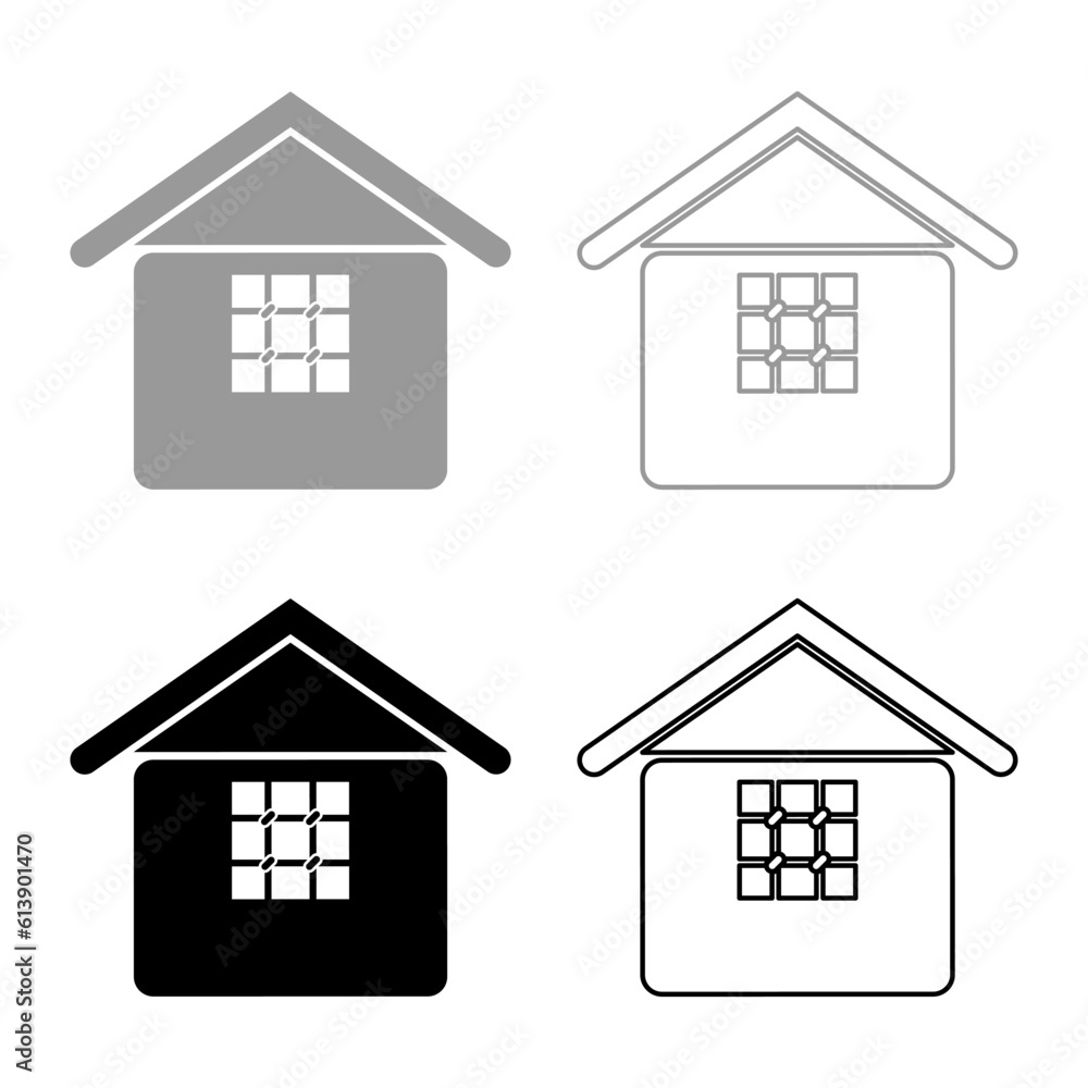Prison jail gaol House with grate on window citadel home set icon grey black color vector illustration image solid fill outline contour line thin flat style