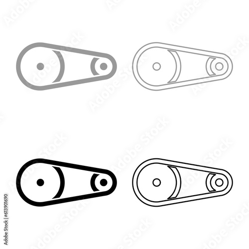 Belt transmission mechanism with two pulleys drive part automobile tension rollers engine spare auto repair wheels with rubber tape V-belt Automotive concept set icon grey black color vector 