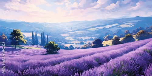 A lavender field in full bloom, painting a picture in shades of purple, concept of Floral landscape, created with Generative AI technology