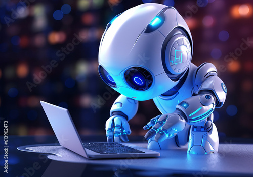 Cute little android robot works on a laptop photo