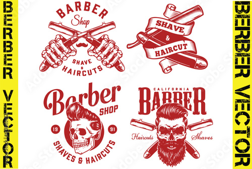 Vintage barber elements set,
Vector monochrome collection barbershop tools,
Barber shop elements for logo, labels and badges.
Vintage barber hipster labels,
Monochrome vintage barber shop elements 