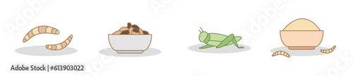 Edible insect modern cartoon icon set, roasted mealworms concept, grasshopper snack icons, crickets bowl emblems, animal dish nutrition symbols isolated on white background