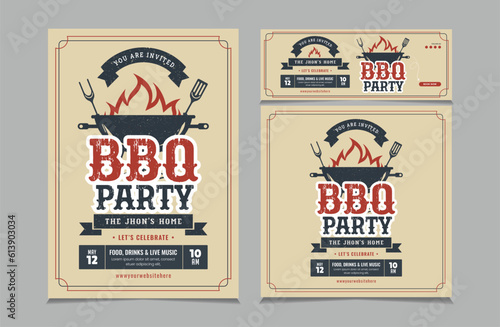 Set of BBQ Invitation Banner, barbeque invitation, flyer and facebook cover vector illustration eps 10