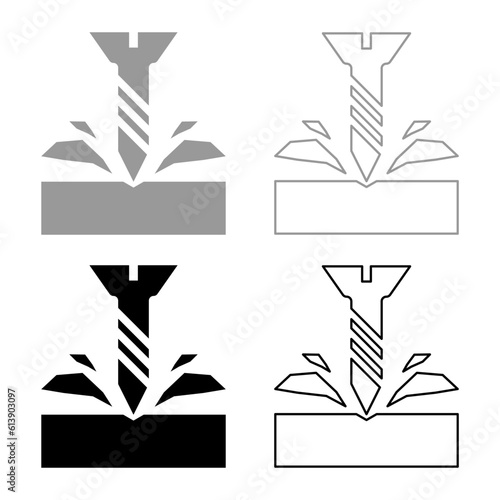 Self-tapping screw is screwed into the material shavings scatter set icon grey black color vector illustration image solid fill outline contour line thin flat style