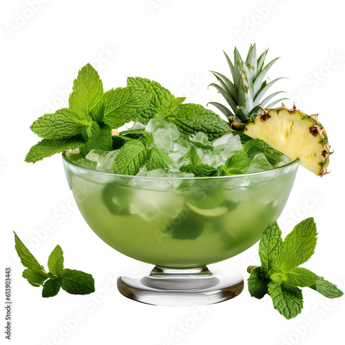 front view of Pineapple Mint Punch cocktail drink isolated on transparent background