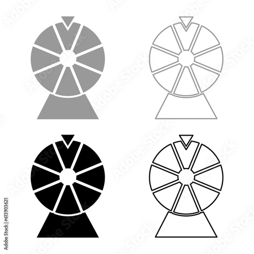 Fortune wheel drum lucky spin game casino gambling winner roulette set icon grey black color vector illustration image solid fill outline contour line thin flat style