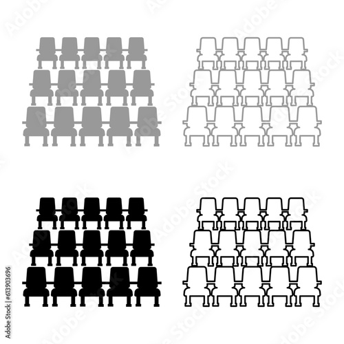 Chairs in cinema armchairs theater hall seats entertainment performance set icon grey black color vector illustration image solid fill outline contour line thin flat style