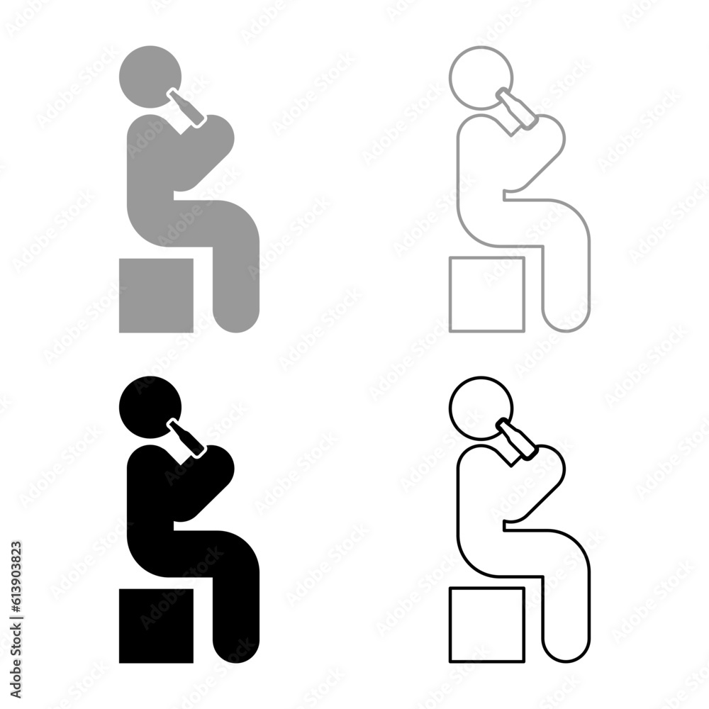 Man human drinking water alcohol beer from bottle sitting position set icon grey black color vector illustration image solid fill outline contour line thin flat style Man human drinking water alcohol beer from bottle sitting position set icon grey black color vector illustration image solid fill outline contour line thin flat style