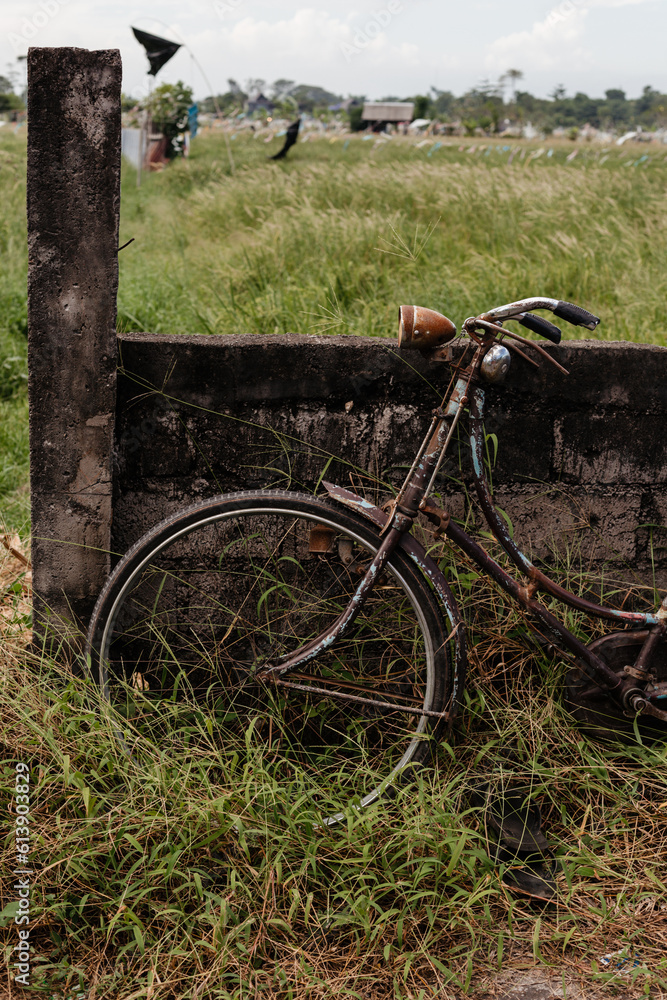 Retro bike by the fence in summer