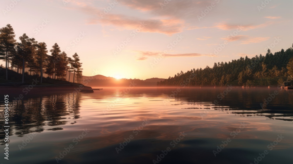 Capture the tranquility of a peaceful lakeside scene at sunset, with soft colors, gentle ripples in the water, and a sense of calm