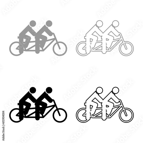 Two people on tandem bicycle ride together bike team concept riding travel set icon grey black color vector illustration image solid fill outline contour line thin flat style