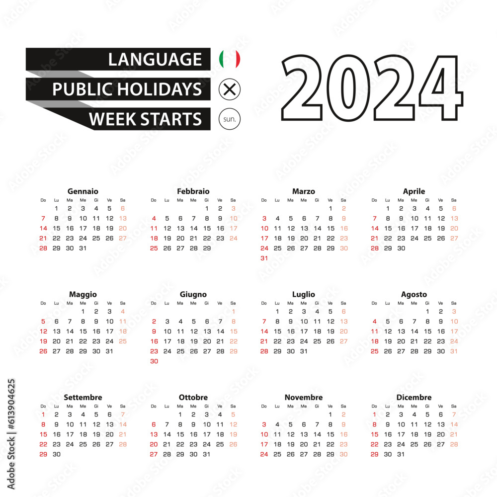 2024 calendar in Italian language, week starts from Sunday.