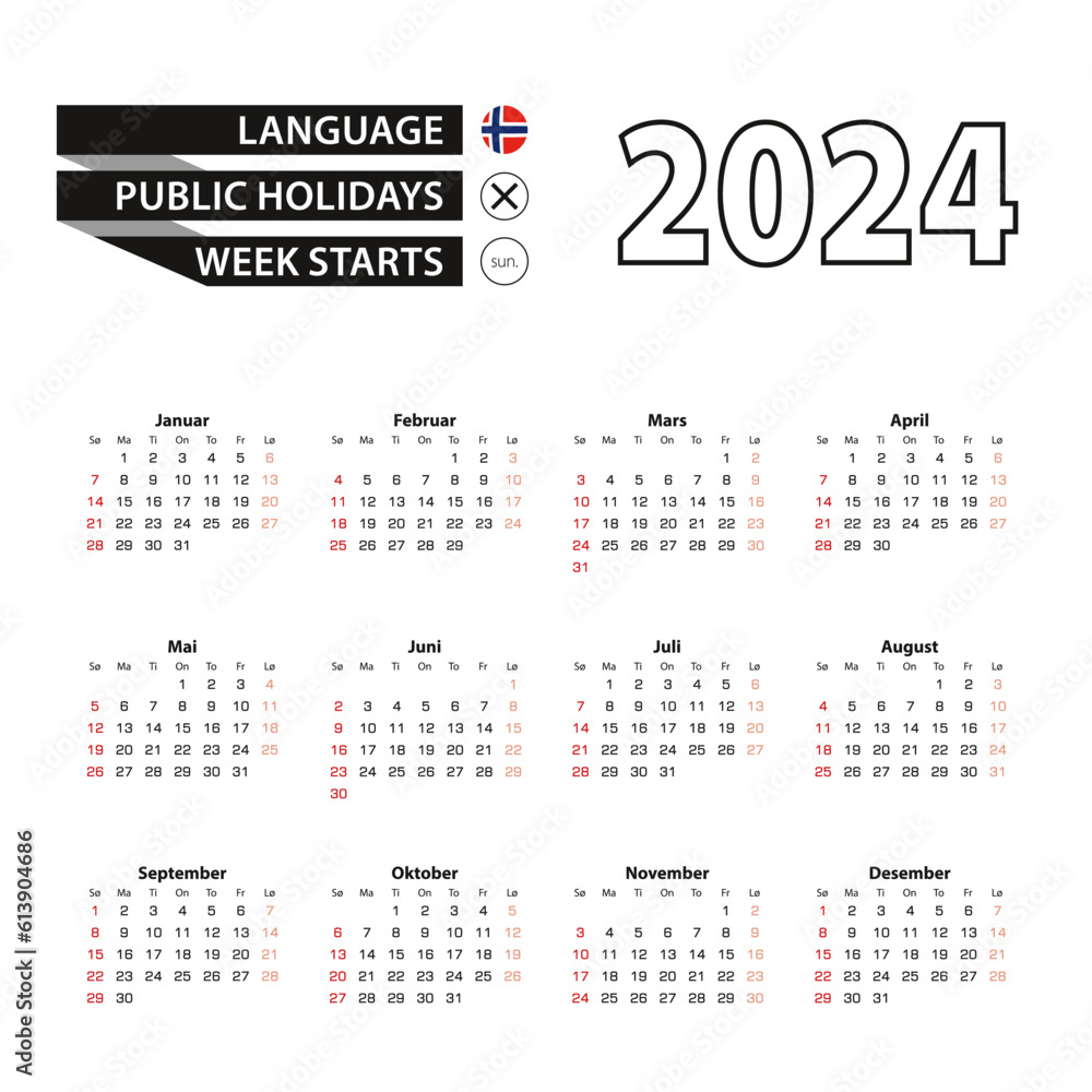 2024 calendar in Norwegian language, week starts from Sunday.