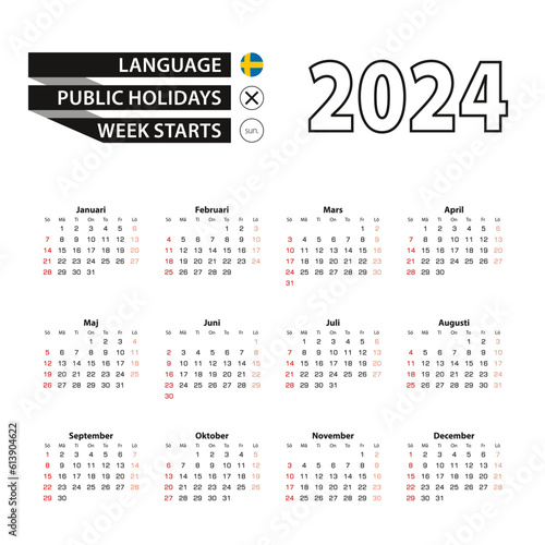 2024 calendar in Swedish language, week starts from Sunday.