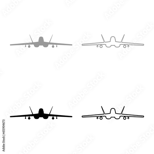 Jet fighter fight airplane modern combat aviation warplane military aircraft airforce set icon grey black color vector illustration image solid fill outline contour line thin flat style