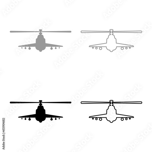 Combat helicopter attack military concept view front set icon grey black color vector illustration image solid fill outline contour line thin flat style