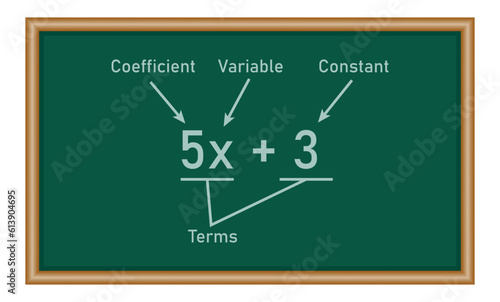 Algebraic expressions parts in mathematics. Coefficient, variable, constant and terms. Parts of an expression. Math resources for teachers.