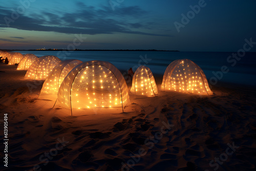 Luminous tents on the beach against the background of the sunset