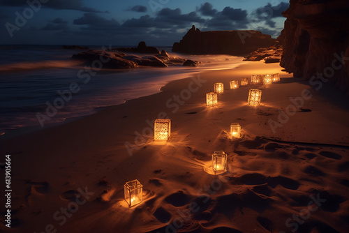 Lights set up on a rocky seashore against a sunset backdrop