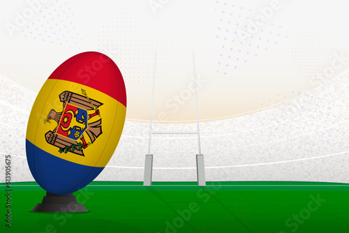 Moldova national team rugby ball on rugby stadium and goal posts, preparing for a penalty or free kick.