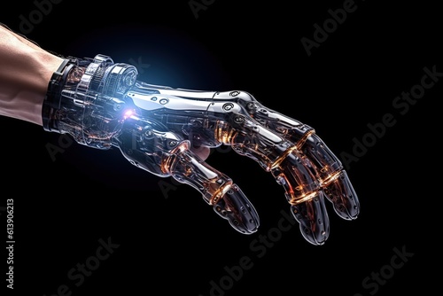 Bionic hand. Prosthetic human limbs. Modern new cyber arm for disabled people. Generative AI. Illustration for banner, poster, cover, brochure or presentation.