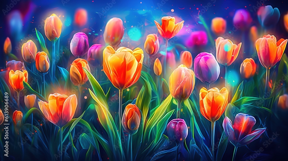 Landscape with blooming tulips. Fresh spring flowers. Generative AI. Illustration for banner, card, postcard, poster, cover or presentation. Landscape with blooming tulips. Fresh spring flowers. Generative AI. Illustration for banner, card, postcard, poster, cover or presentation.
