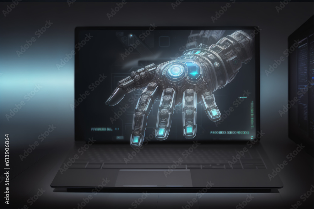 モニターの向こうから機械の手が伸びてくるイメージ Image of a mechanical hand reaching out from behind a monitor. generative AI モニターの向こうから機械の手が伸びてくるイメージ Image of a mechanical hand reaching out from behind a monitor. generative AI