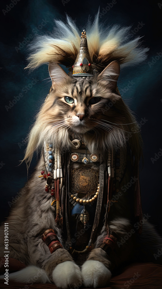 Tabby cat with intense eyes, cat wearing a feather headdress and beaded necklace. Shaman-cat connecting wisdom and other realities. Black background.