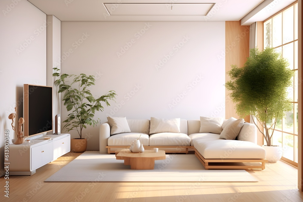 minimal modern living room with tv japanese style, generative ai minimal modern living room with tv japanese style, generative ai
