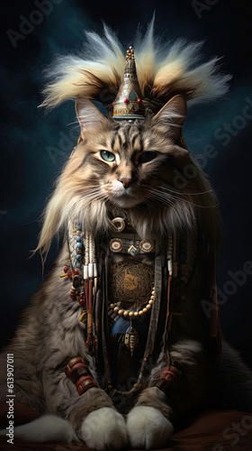 Tabby cat with intense eyes, cat wearing a feather headdress and beaded necklace. Shaman-cat connecting wisdom and other realities. Black background.